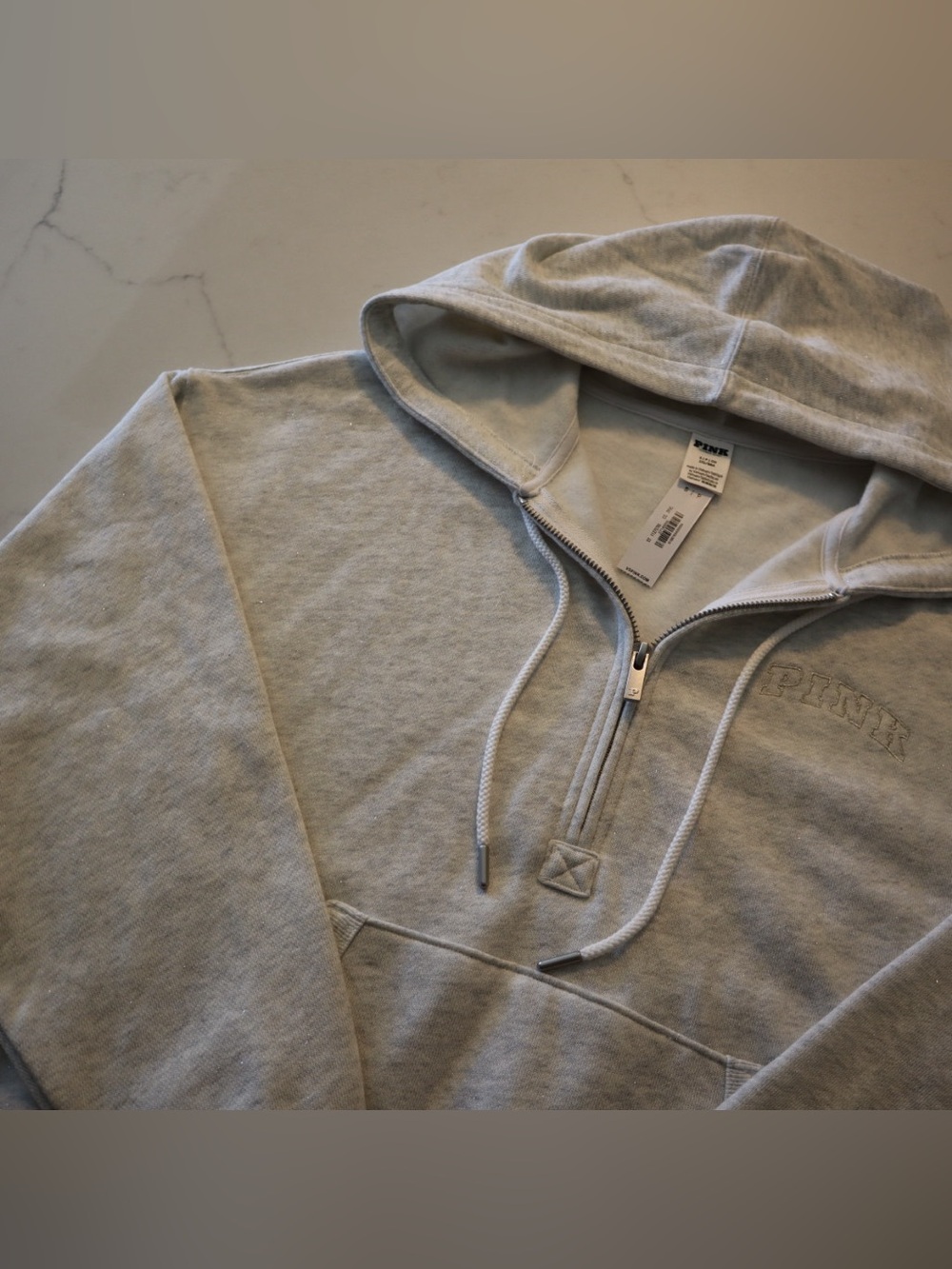 PINK Victoria's Secret Gray Half-Zip Hoodie sparkle bling in heather snow